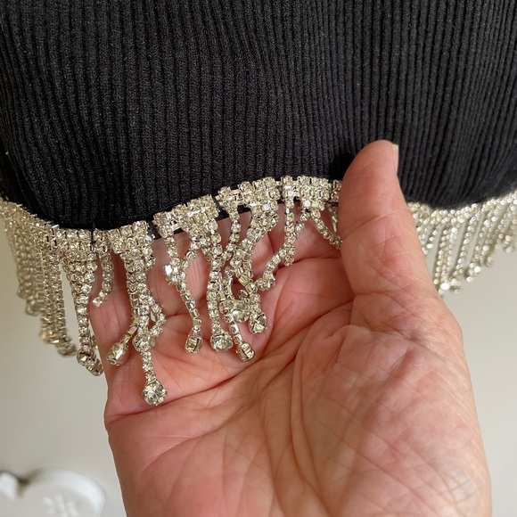 NWT SLEEVELESS CROP TOP BLACK RIBBED KNIT RHINESTONE FRINGE STRETCH - Picture 5 of 9